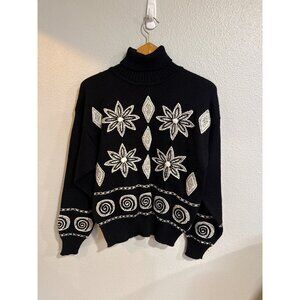 Black Turtleneck NILS Sweater with White Floral Embroidery